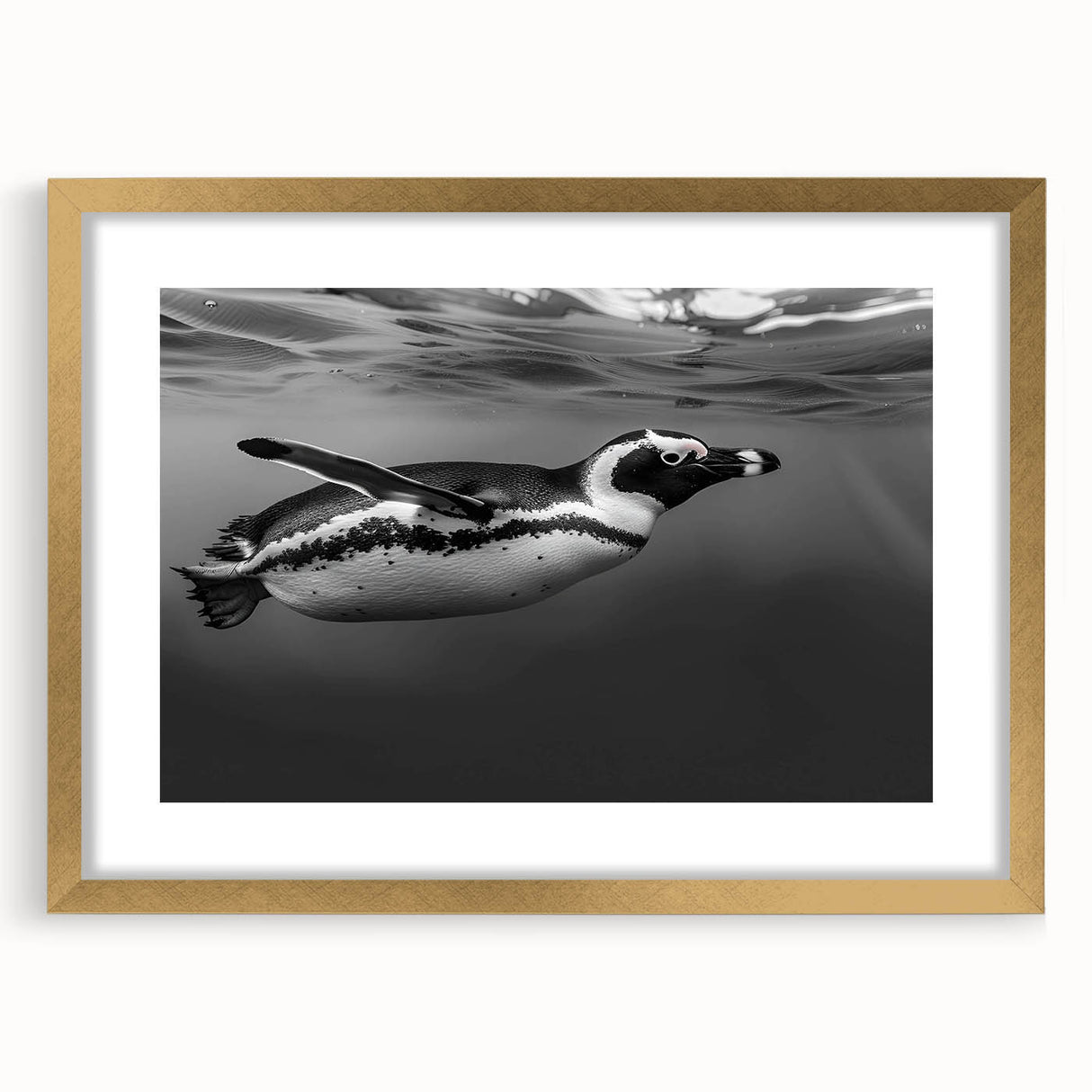 Framed wall art featuring a striking penguin design, elegantly set in a gold frame with a mat, perfect for enhancing modern decor in animal-themed interiors.
