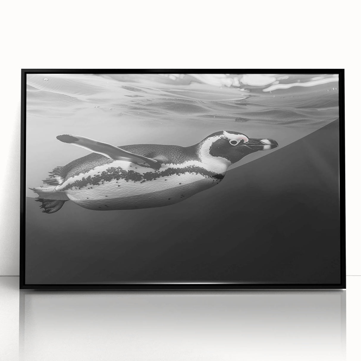 Framed wall art featuring a striking penguin design in a black acrylic frame, showcasing vibrant colors and intricate details that enhance any modern decor.