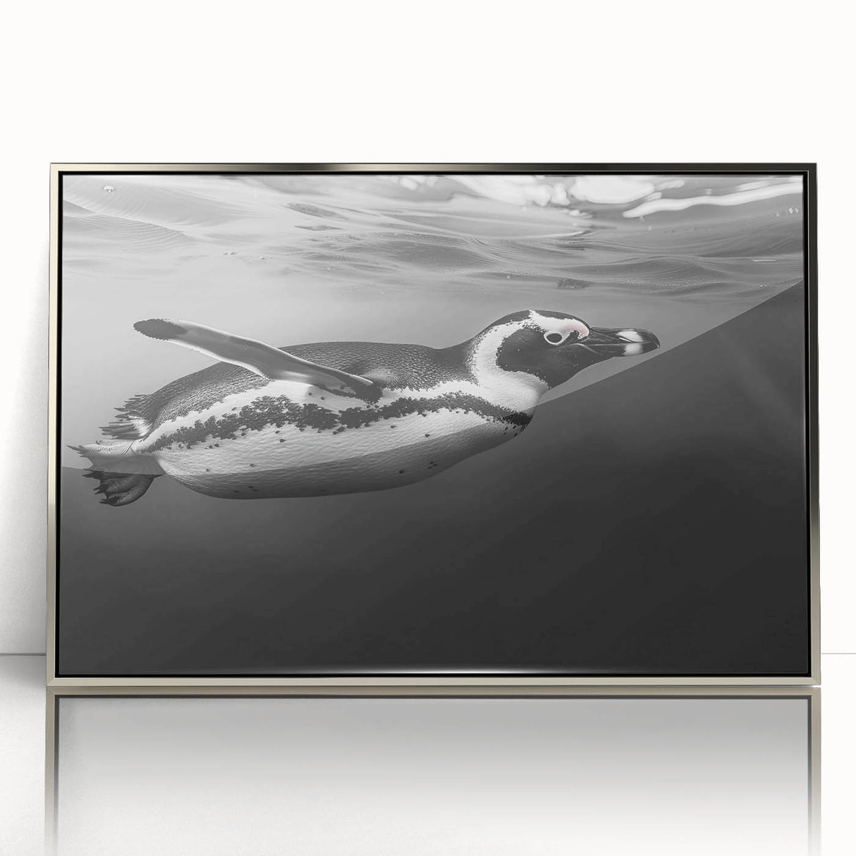 Framed wall art featuring a striking penguin design, showcasing vibrant colors and intricate details, set in a sleek silver frame, ideal for wildlife enthusiasts.