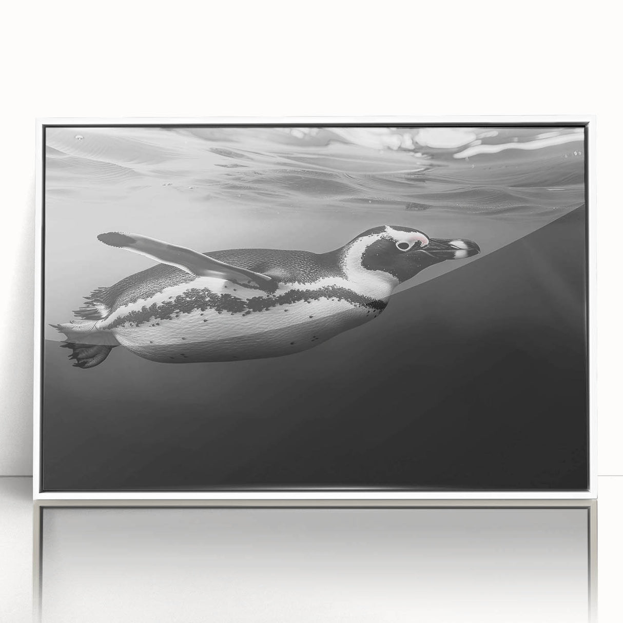 Framed wall art featuring a charming penguin design in a white frame, showcasing vibrant colors and playful details, perfect for animal lovers and home decor enthusiasts.