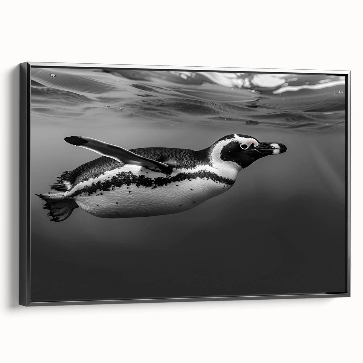 Framed canvas wall art showcasing a side view of a whimsical penguin design, featuring vibrant colors on a black background, perfect for animal lovers and home decor enthusiasts.