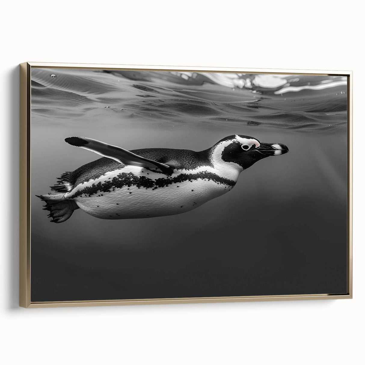 Framed wall art featuring a stylized penguin design in vibrant colors, showcasing a gold frame. Perfect for adding a touch of wildlife elegance to home decor.