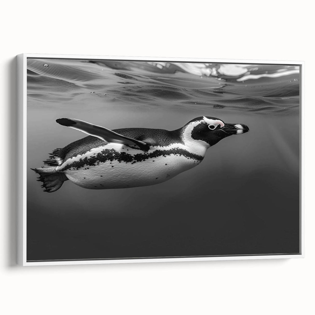 Framed wall art featuring a playful penguin design on a white canvas, showcasing vibrant colors and a charming side view, perfect for animal lovers’ decor.