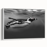 Framed wall art featuring a playful penguin design on a white canvas, showcasing vibrant colors and a charming side view, perfect for animal lovers’ decor.