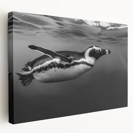 Side view of a stretched canvas wall art featuring a whimsical penguin design, showcasing vibrant colors and playful details, perfect for animal lovers' decor.