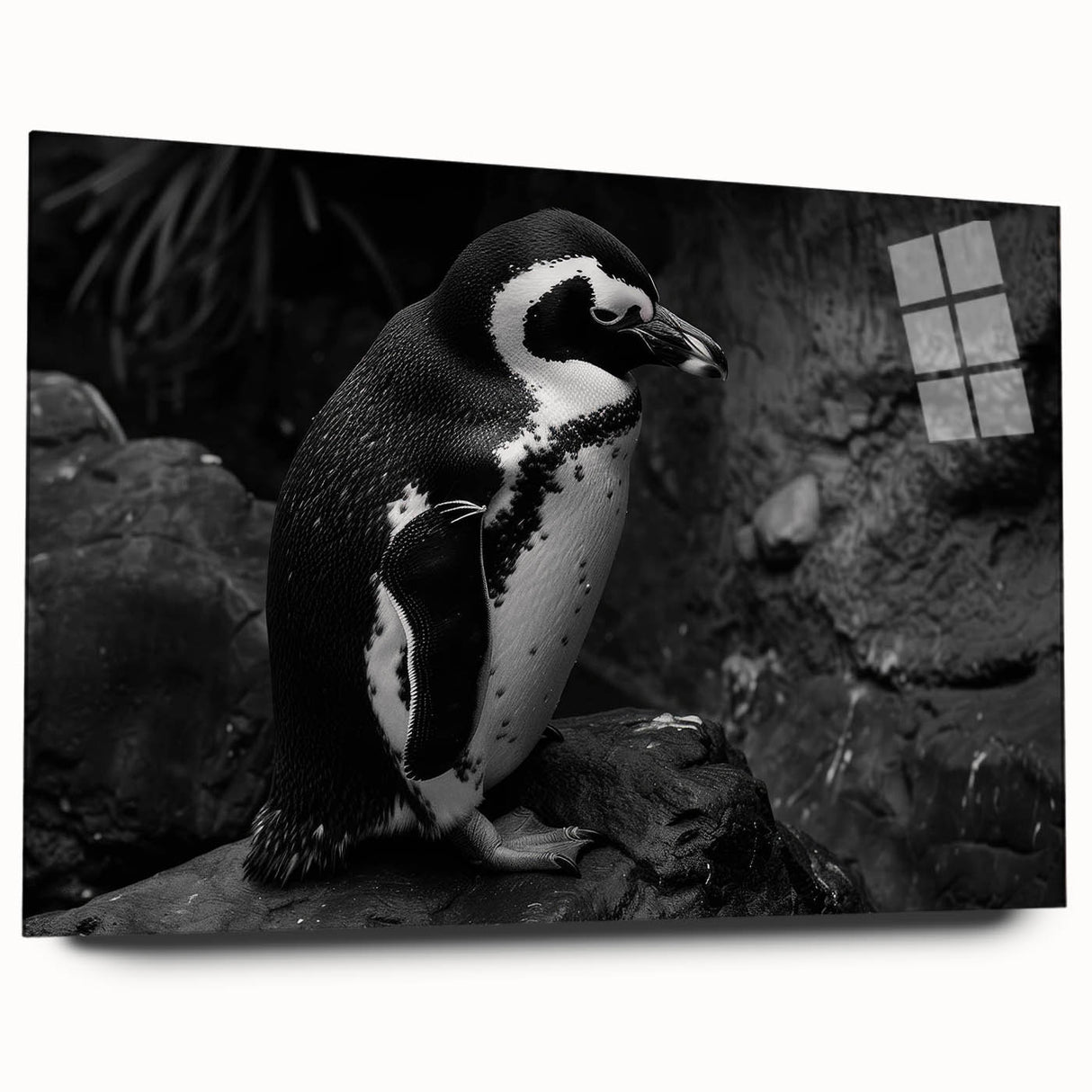 Close-up of a sleek acrylic glass wall art piece showcasing a vibrant penguin design, ideal for wildlife enthusiasts and modern home decor. The artwork features rich colors and intricate details, enhancing any living space with its playful and artistic representation of nature.