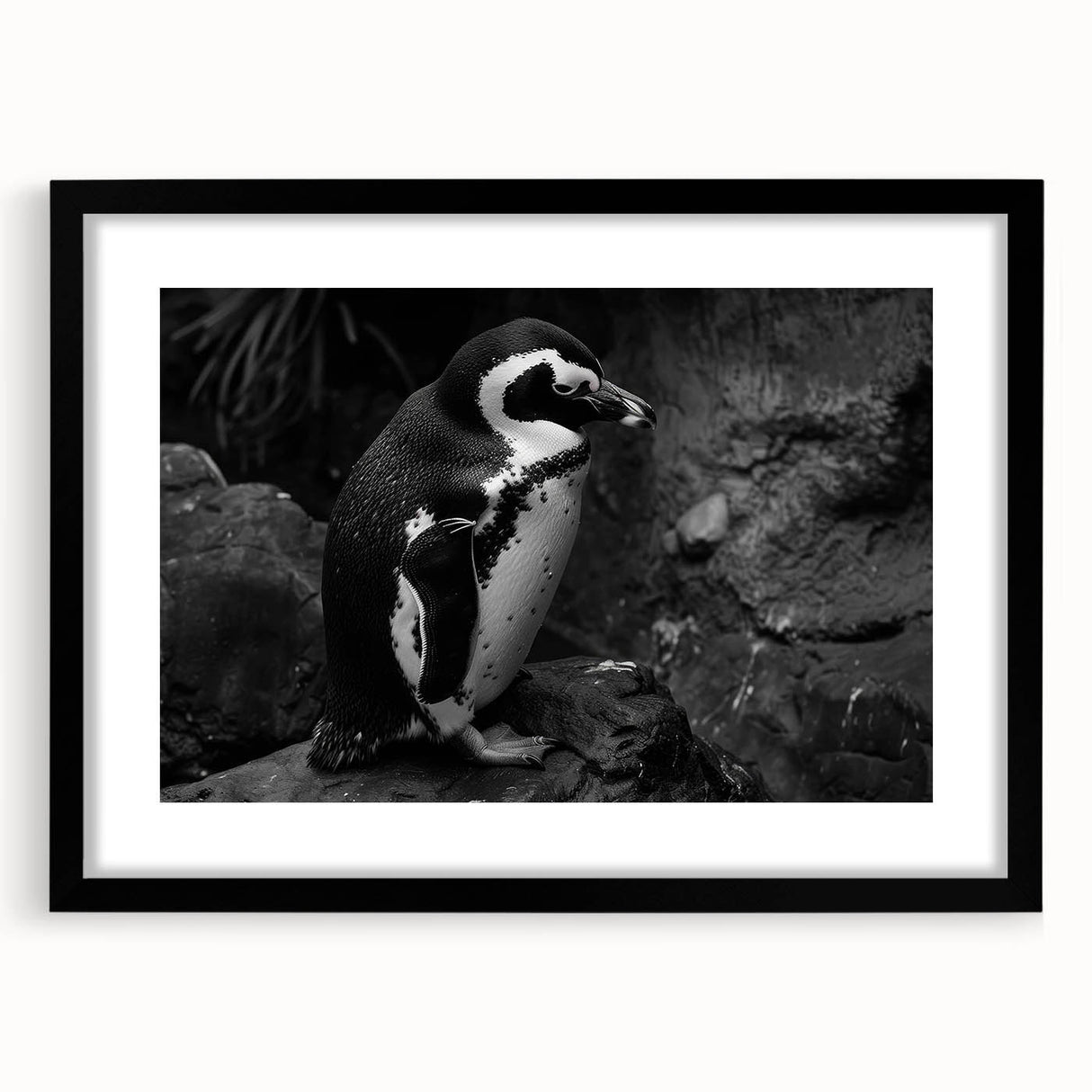 Framed black wall art featuring a stylish penguin design from the "Animals A Wild Life" collection, perfect for modern home decor and animal lovers.