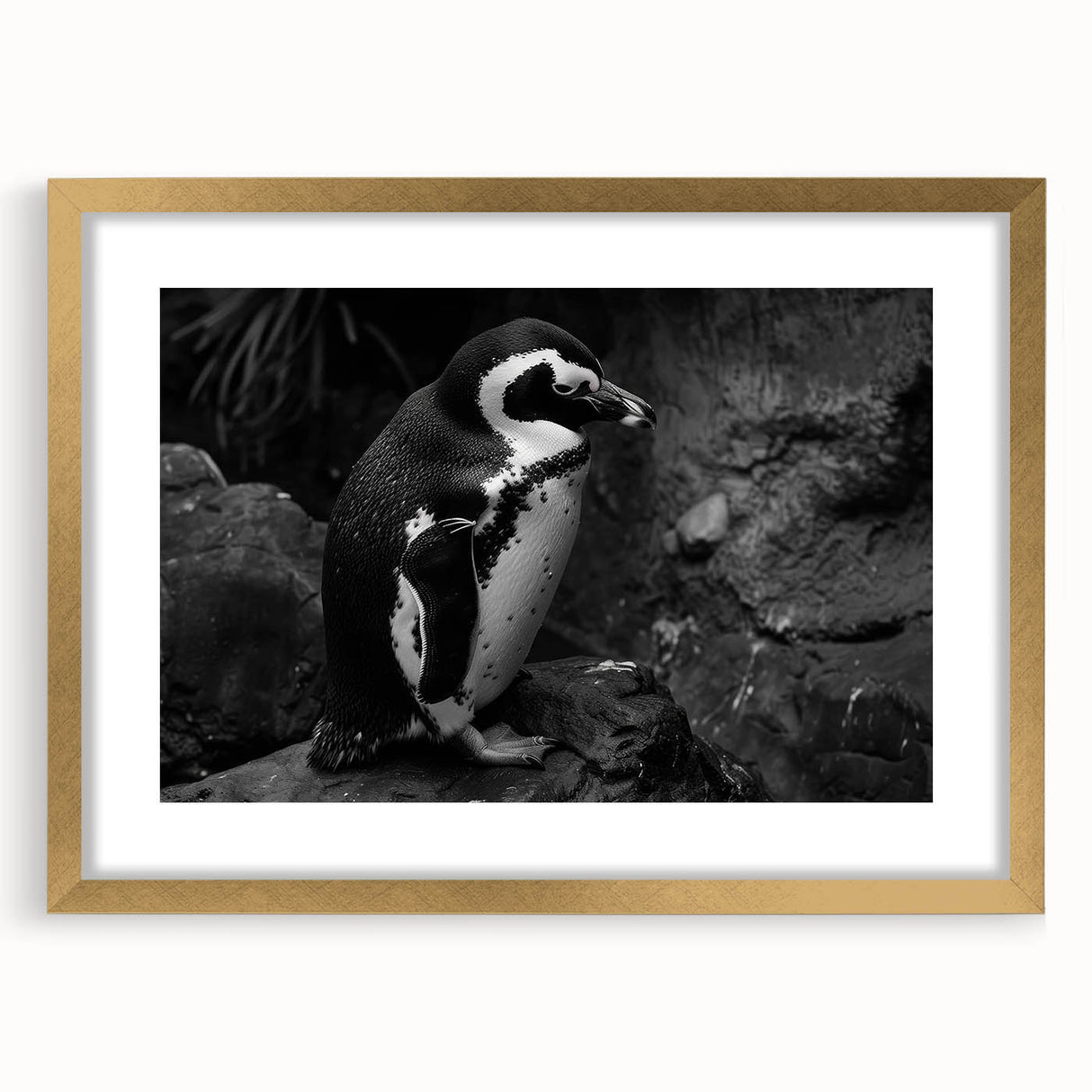 Framed penguin-themed wall art from the "Animals of the Wild" collection, featuring a gold mat and elegant design, perfect for animal lovers' home decor.