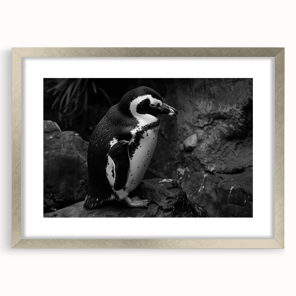 Framed wall art featuring a whimsical penguin design from the "Animals of the Wild" collection, showcasing a silver mat and elegant frame, perfect for animal lovers.