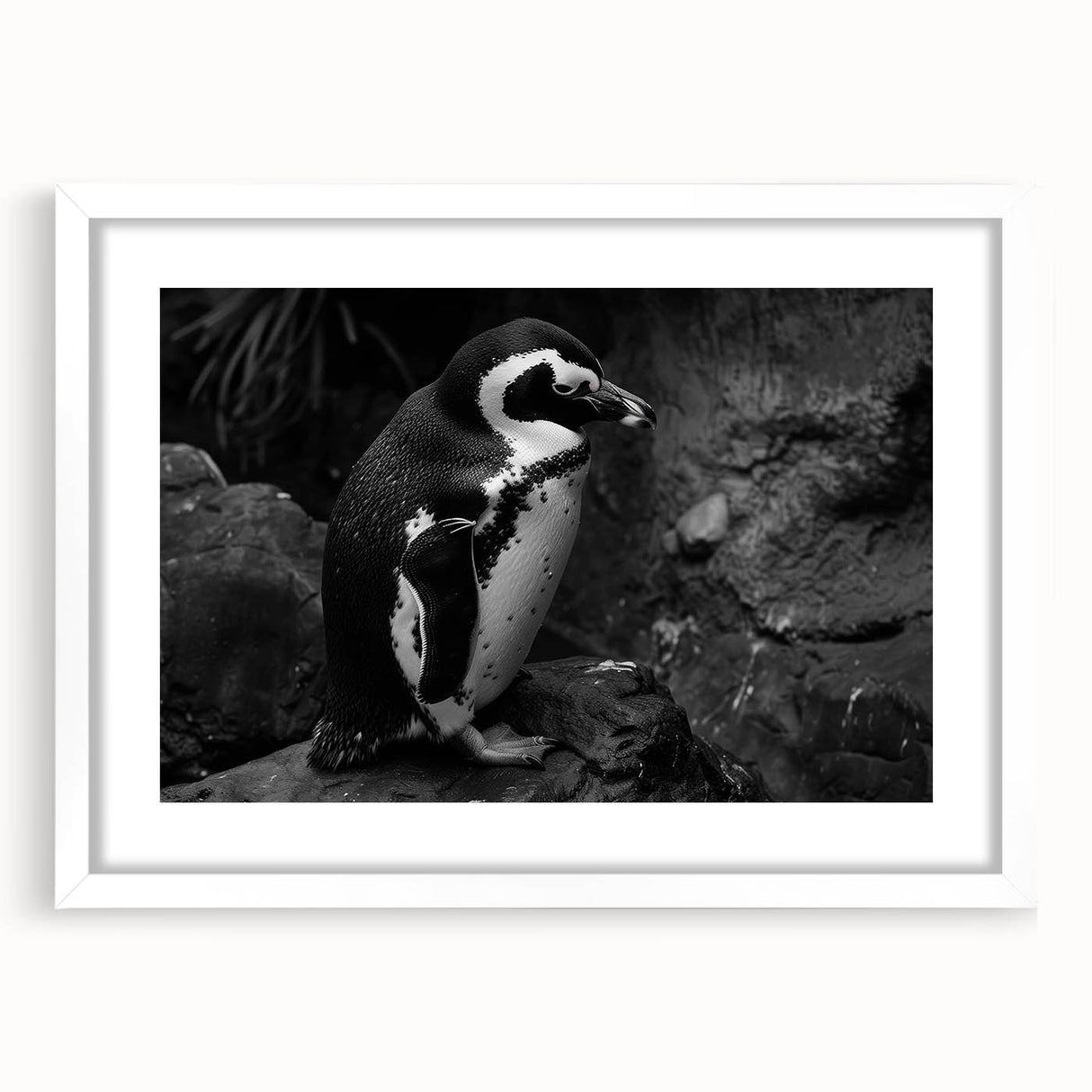 Framed wall art showcasing a minimalist penguin design in a white mat, perfect for enhancing modern decor. Ideal for animal lovers and art enthusiasts alike.