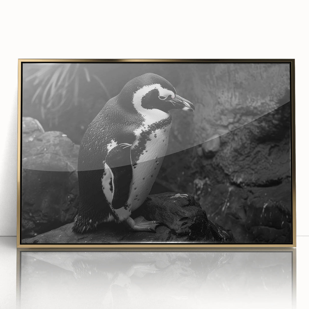 Framed acrylic wall art featuring a stylish penguin design in a gold frame, showcasing a chic and modern aesthetic perfect for home decor. Ideal for animal lovers and contemporary art enthusiasts.