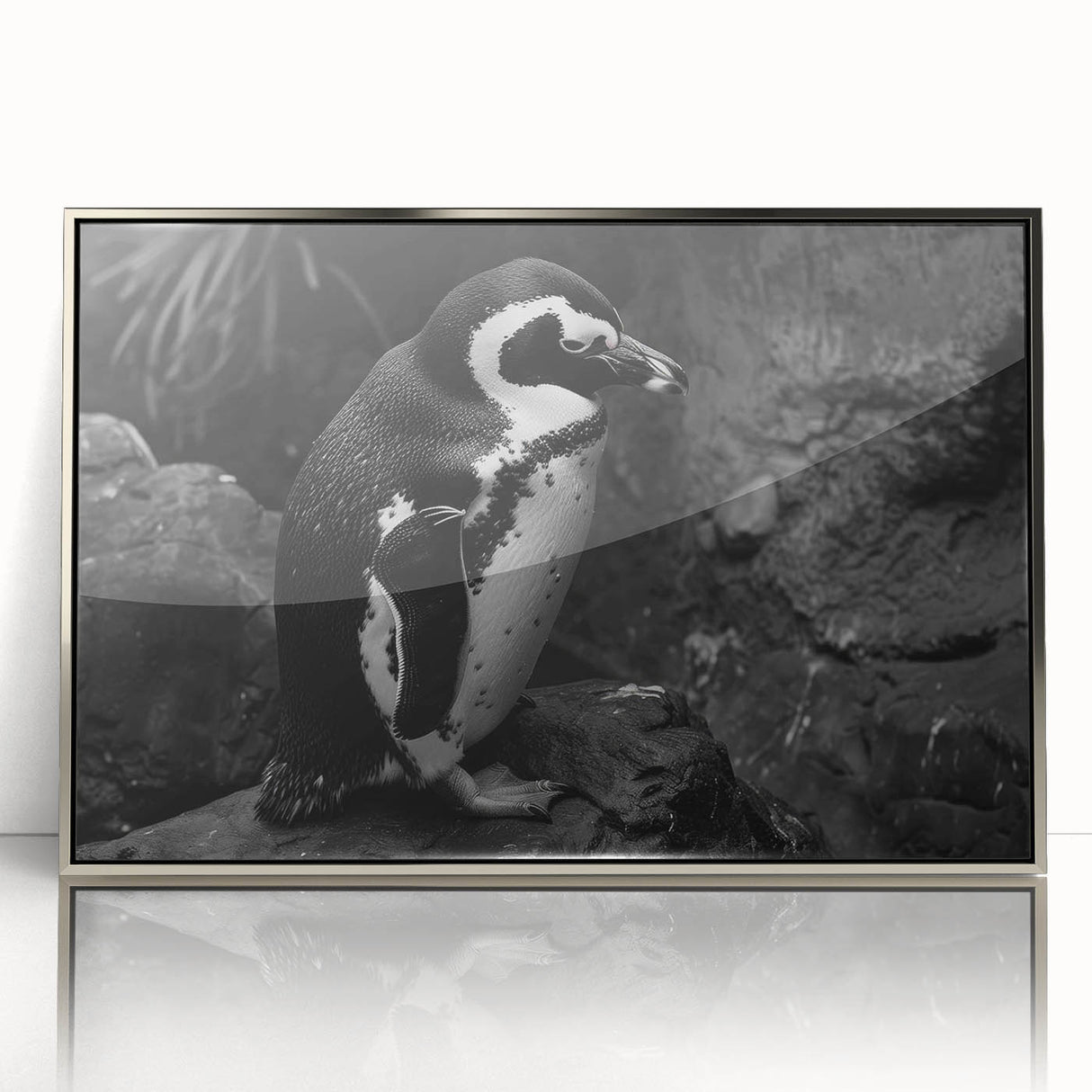 Framed acrylic wall art displaying a vibrant penguin design, showcasing intricate details and a sleek silver frame, perfect for animal lovers and modern decor.