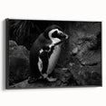 Framed canvas wall art featuring a unique penguin design from the "Animals of the Wild" collection, showcasing vibrant colors and intricate details set against a black background, perfect for animal lovers and modern decor enthusiasts.