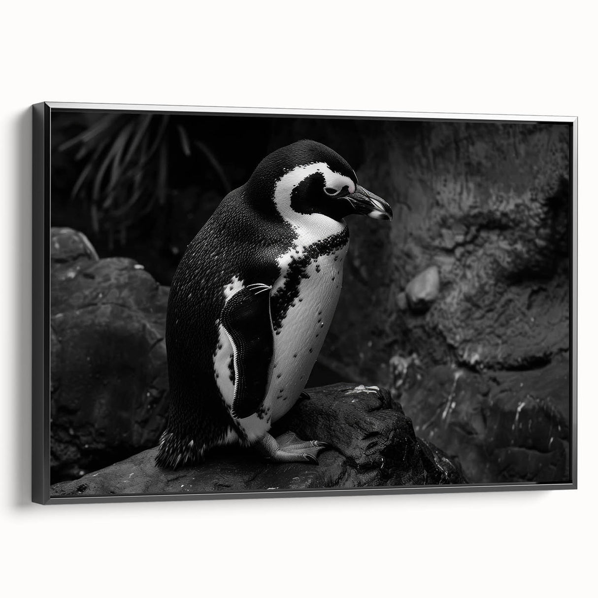 Framed canvas wall art featuring a unique penguin design from the "Animals of the Wild" collection, showcasing vibrant colors and intricate details set against a black background, perfect for animal lovers and modern decor enthusiasts.