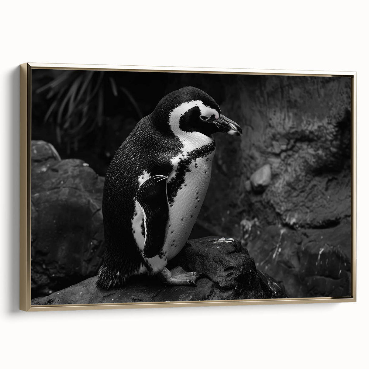 Framed wall art featuring a side view of a striking penguin design, showcasing vibrant colors and textures, perfect for animal lovers and modern decor.