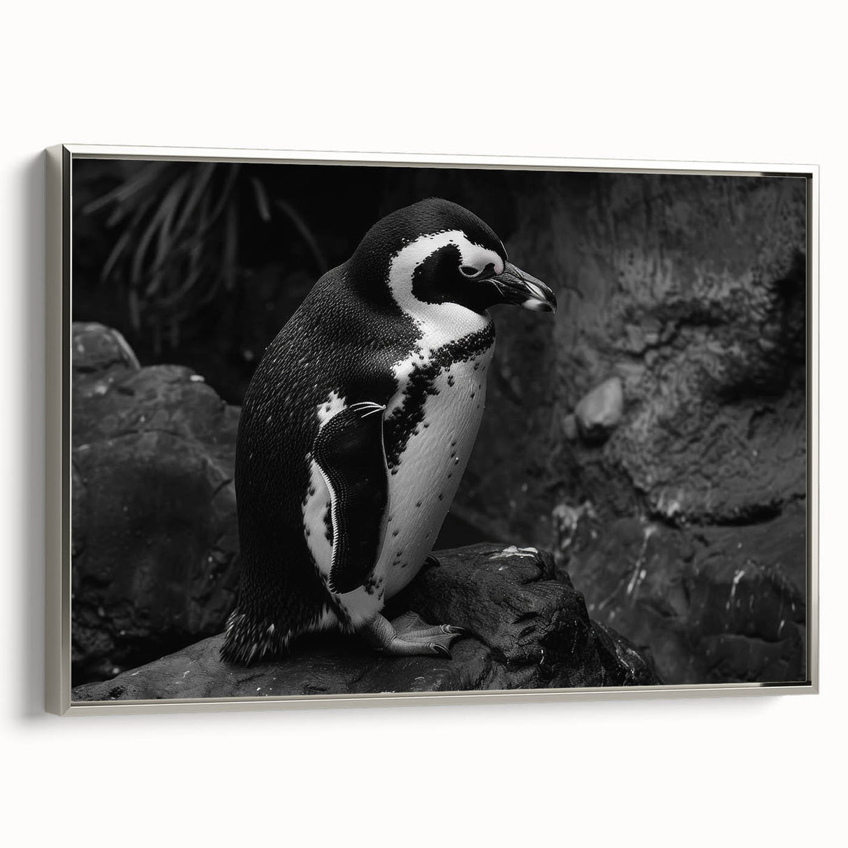 Framed wall art featuring a silver side view of a penguin design, showcasing intricate details and textures ideal for wildlife enthusiasts and modern decor.