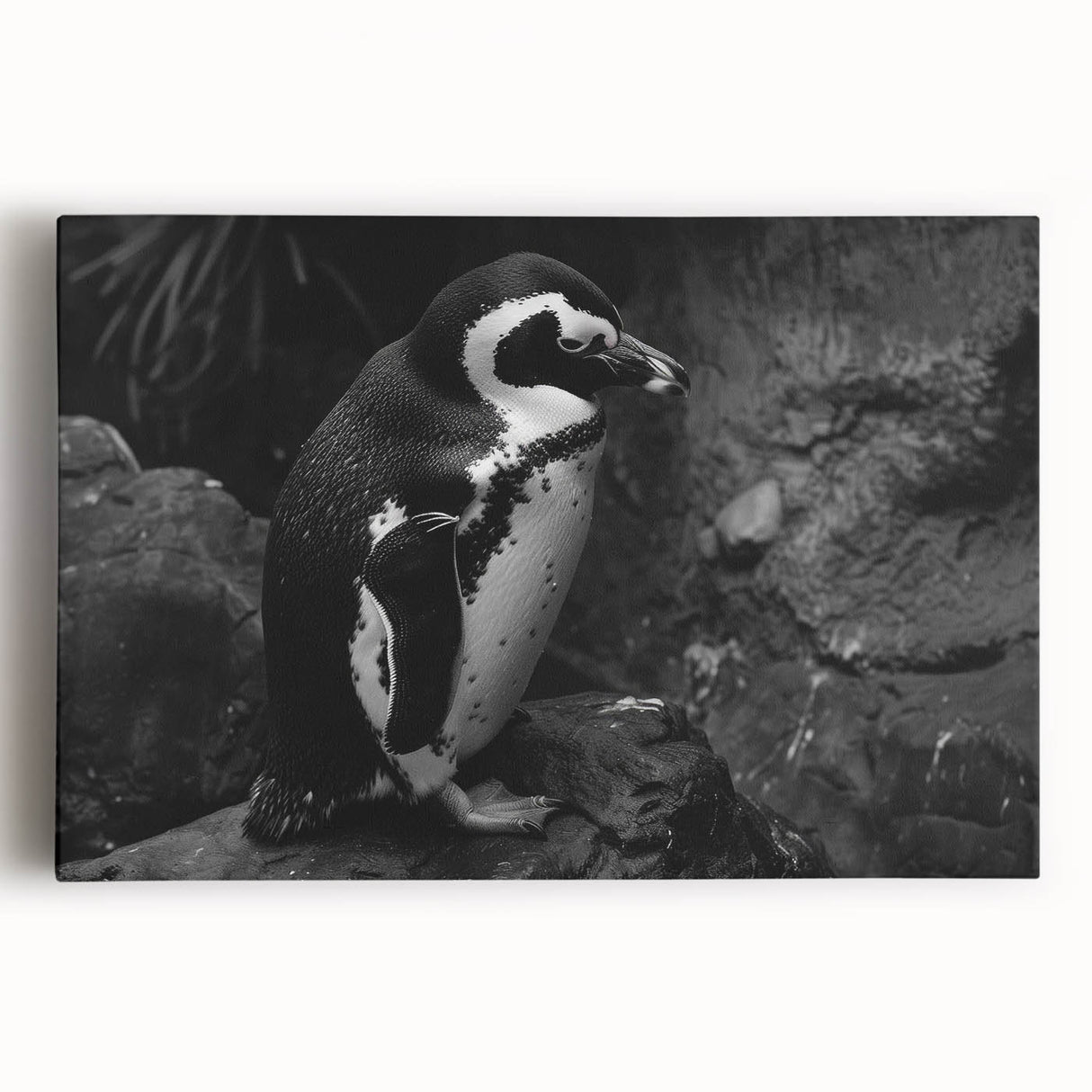 Vibrant stretched canvas wall art featuring a playful penguin design, ideal for animal lovers and modern decor, adding a whimsical touch to any room.