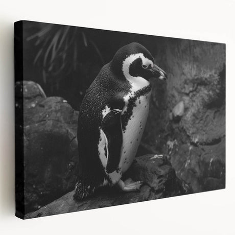 Stretched canvas wall art showcasing a side view of a whimsical penguin design, perfect for animal lovers and modern decor, in vibrant colors and playful detail.