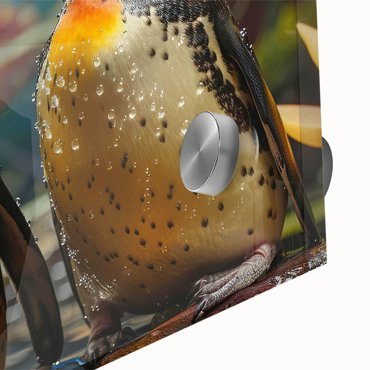 Close-up of a vibrant acrylic glass wall art piece featuring a penguin design, showcasing intricate details and colors, perfect for animal lovers and modern decor.