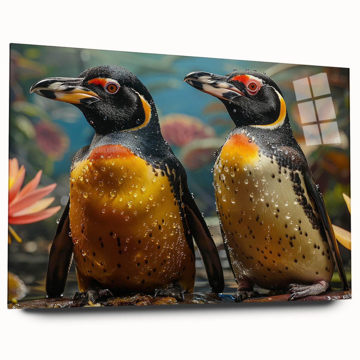 Acrylic glass wall art featuring a whimsical penguin design from the "Animals of the Wild" collection, showcasing vibrant colors and playful details, ideal for children's decor.