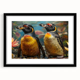 Framed wall art featuring a whimsical penguin design with a black mat, showcasing vibrant colors and playful imagery, perfect for animal lovers' home decor.