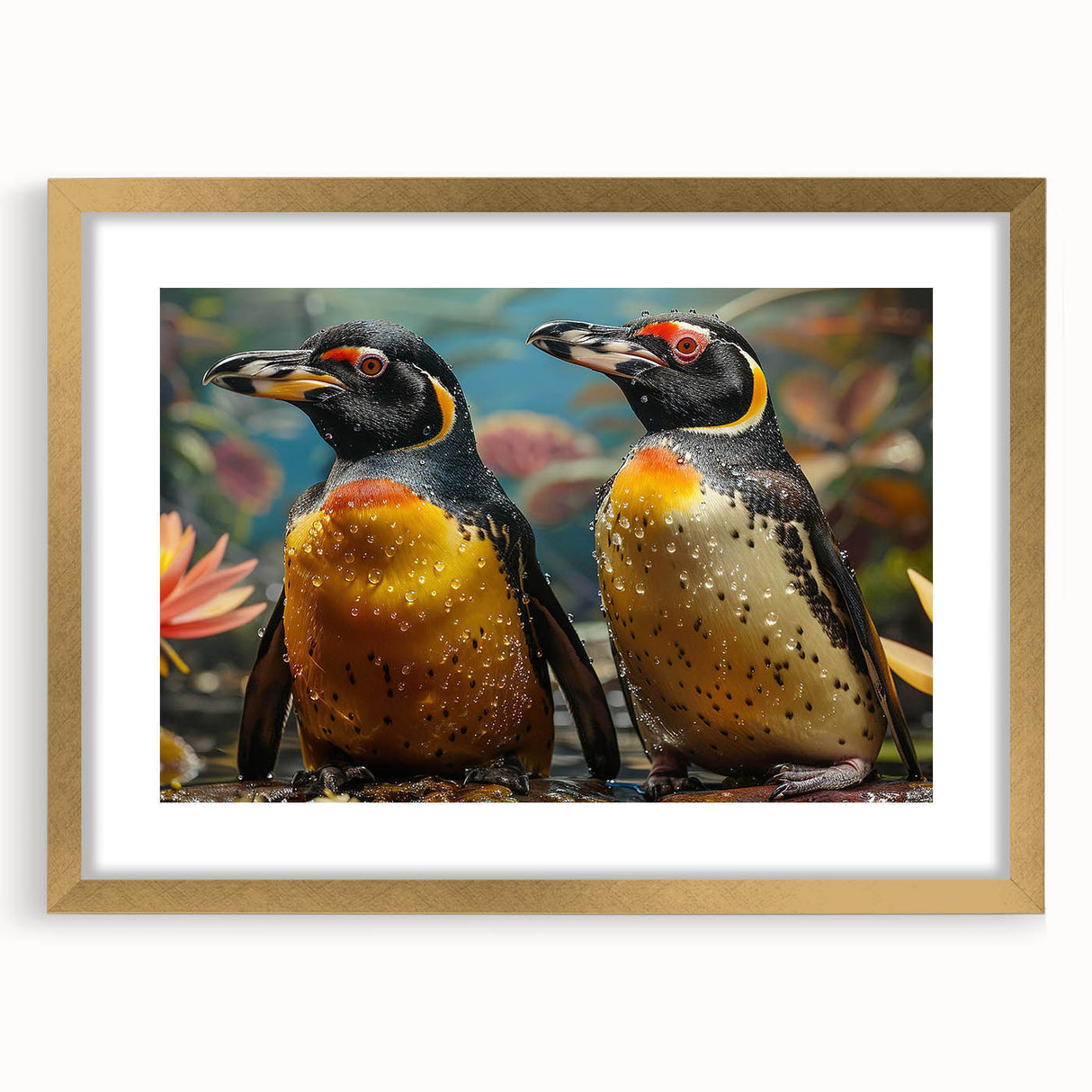 Framed wall art featuring a stylish penguin design, elegantly matted with a gold frame, perfect for adding a touch of wildlife charm to modern decor.