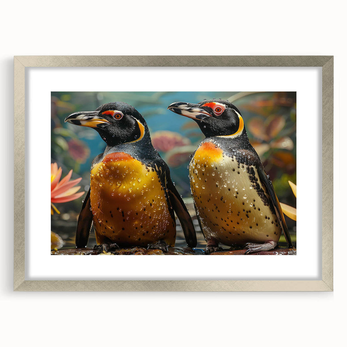 Framed wall art featuring a stylish penguin design from the "Animals A Wild Life" collection, showcasing a silver matte finish, perfect for modern decor.