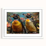 Framed wall art featuring a whimsical penguin design in a white mat, showcasing vibrant colors and playful details, perfect for children's rooms or wildlife enthusiasts.