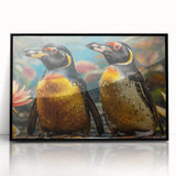 Framed wall art featuring a striking penguin design in a modern black frame, showcasing vibrant colors and intricate details, perfect for wildlife enthusiasts.
