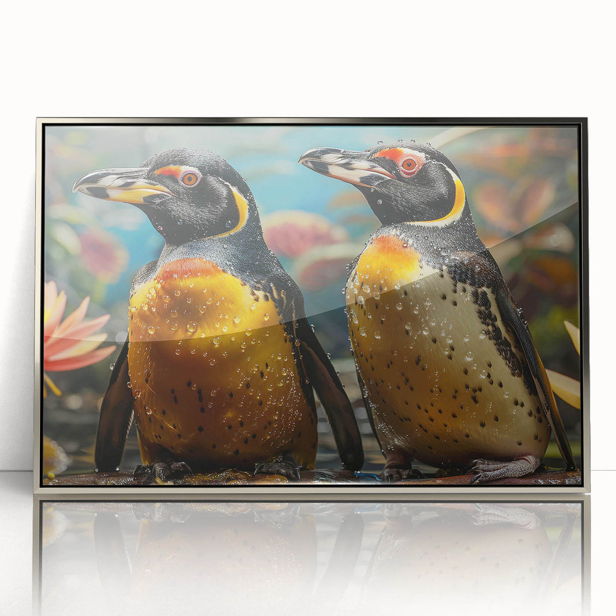 Framed acrylic wall art featuring a striking penguin design in silver tones, showcasing a modern aesthetic perfect for wildlife lovers and home decor enthusiasts.