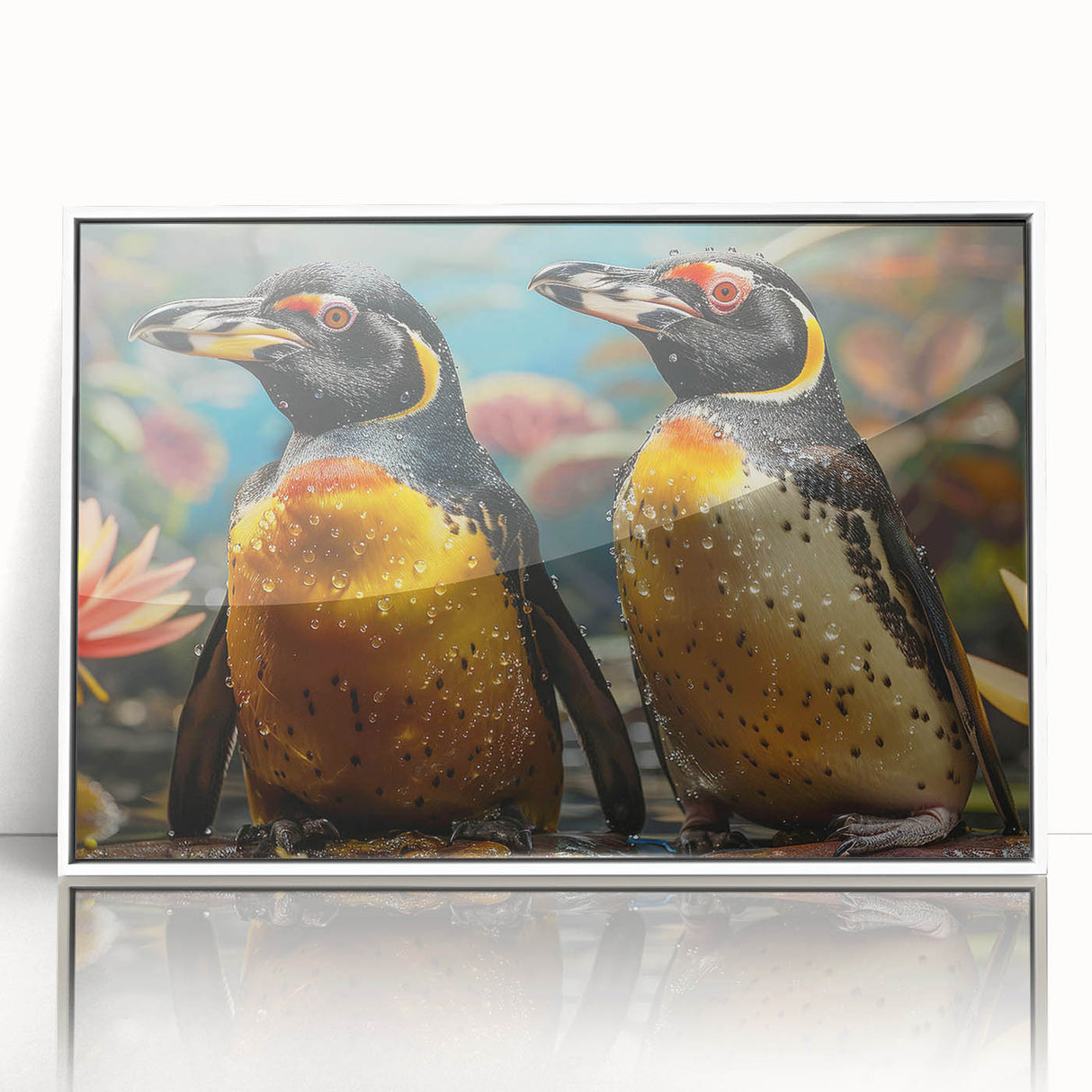 Framed acrylic wall art featuring a whimsical penguin design, showcasing vibrant colors and playful details, ideal for animal lovers and modern decor.