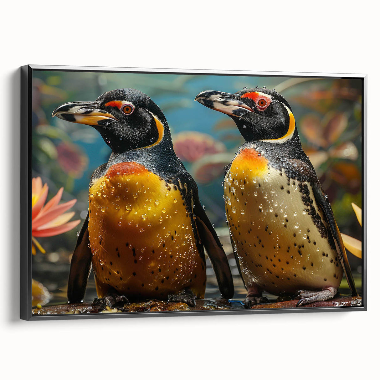 Framed wall art featuring a side view of a playful penguin design in black, perfect for animal lovers. Ideal home decor for modern interiors.