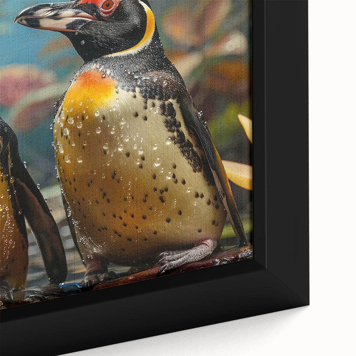 Close-up of a framed canvas wall art piece depicting a colorful penguin design, showcasing vibrant hues and intricate details, perfect for wildlife lovers.