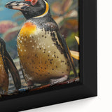 Close-up of a framed canvas wall art piece depicting a colorful penguin design, showcasing vibrant hues and intricate details, perfect for wildlife lovers.