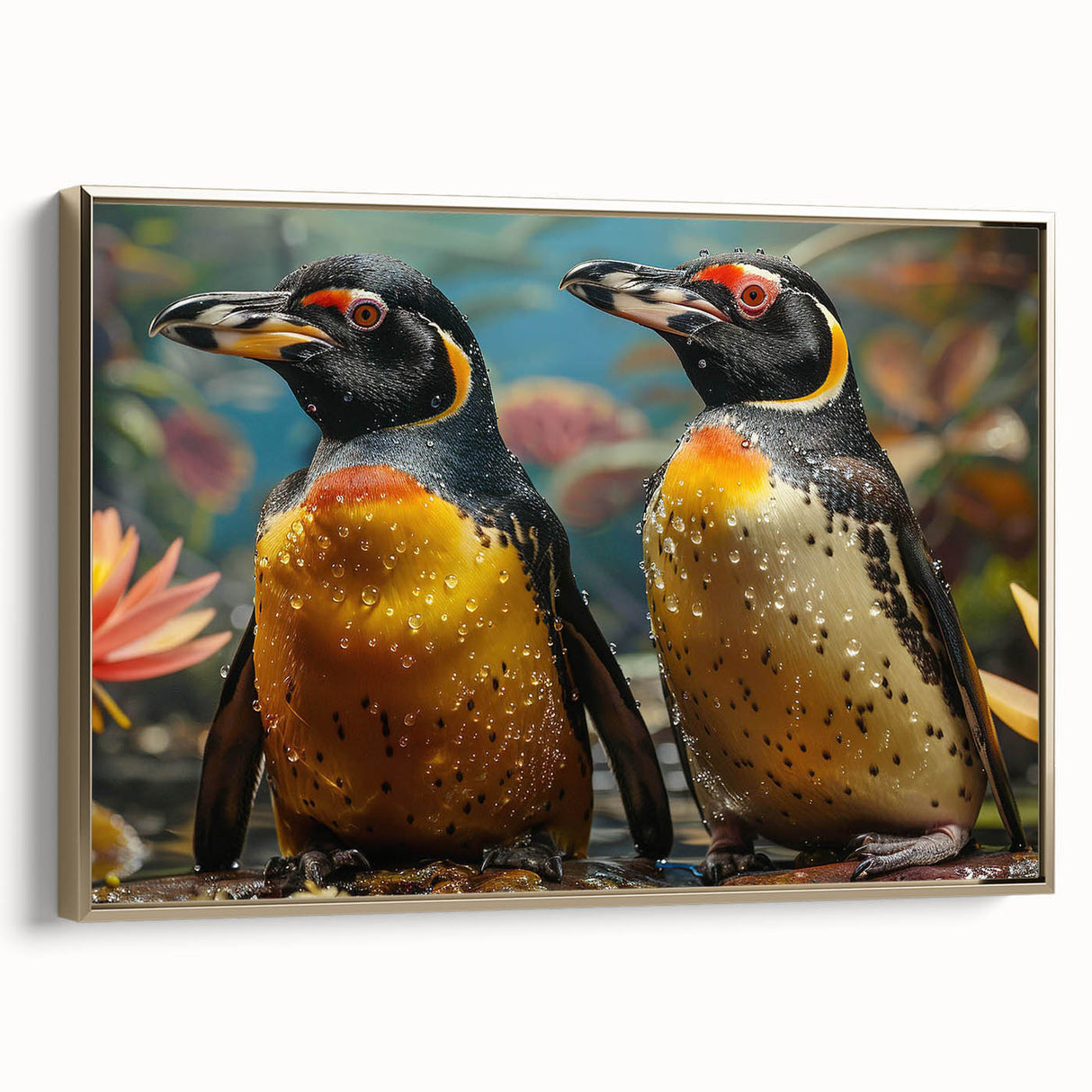 Framed canvas wall art featuring a stylish side view of a penguin design, highlighted with gold accents, ideal for animal lovers and modern decor enthusiasts.
