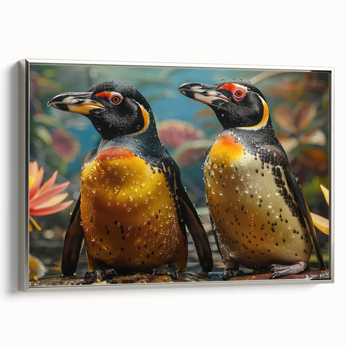 Framed canvas wall art featuring a silver-bordered side view of a whimsical penguin design, showcasing vibrant colors and playful details, perfect for animal lovers.