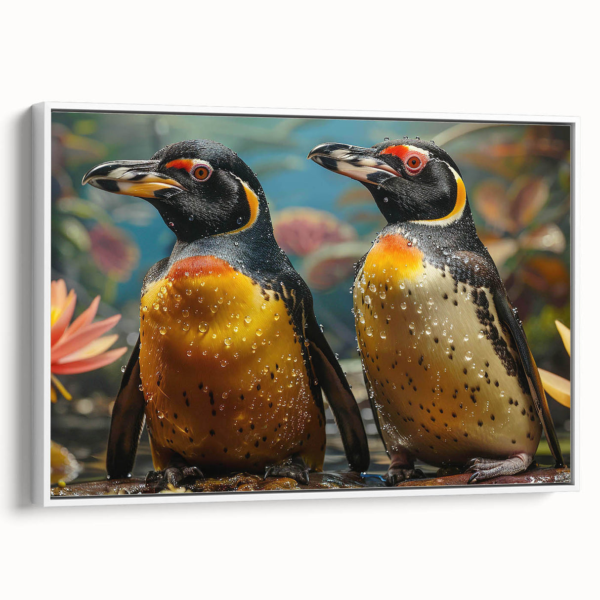 Framed wall art featuring a whimsical penguin design, showcasing a side view with colorful accents against a white background, perfect for animal-themed decor.