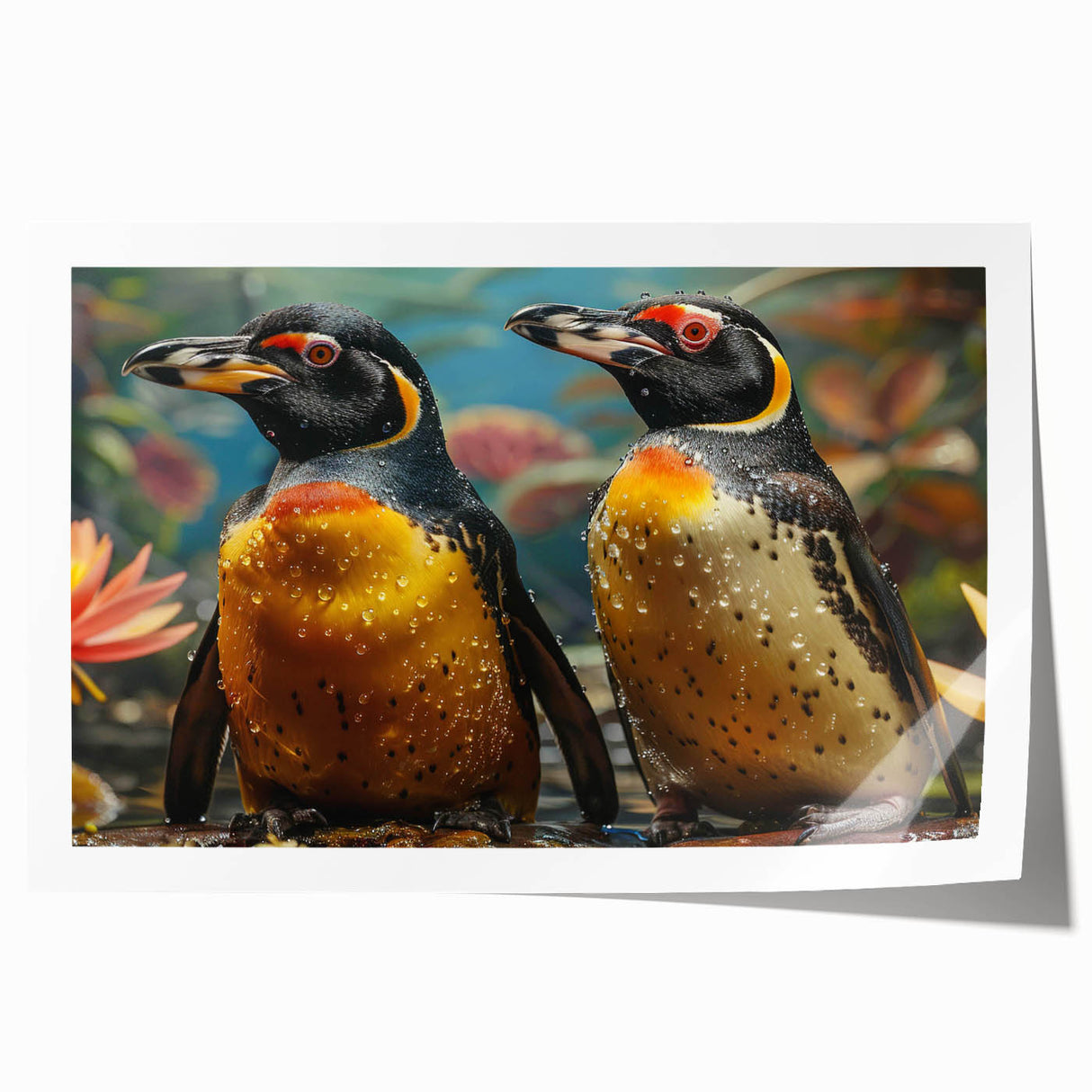 Adorable penguin wall art design featuring vibrant colors and intricate details, perfect for children's rooms or wildlife enthusiasts, rolled and ready for framing.