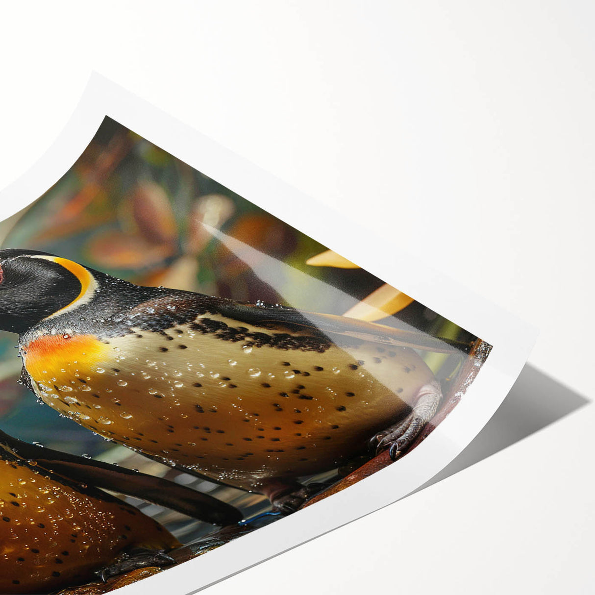Stylish penguin wall art print showcasing a vibrant, colorful design on a rolled canvas, ideal for adding a playful touch to home decor. Perfect for animal lovers and art enthusiasts.