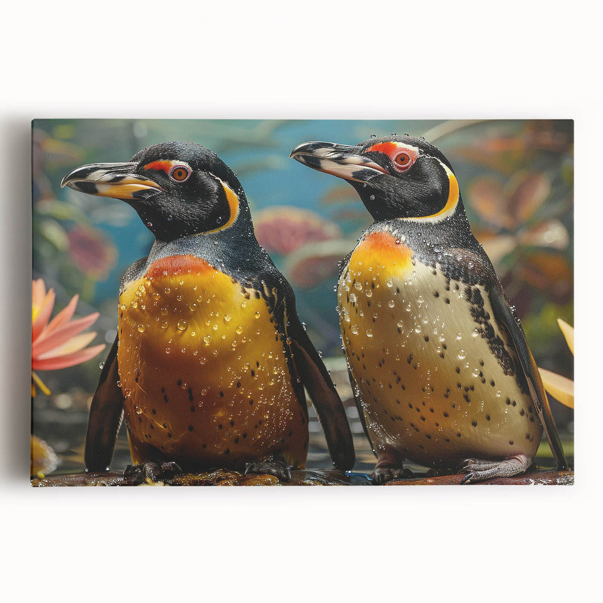 Stretched canvas wall art featuring a vivid penguin design, showcasing bright colors and intricate details, perfect for adding a whimsical touch to any home decor.