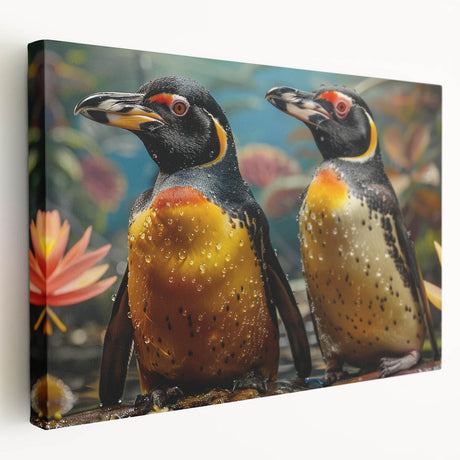 Stretched canvas wall art featuring a playful penguin design, showcasing vibrant colors and intricate details, perfect for animal lovers and home decor enthusiasts.