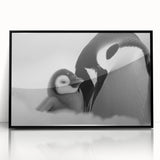 Framed acrylic wall art featuring a stylish black penguin design, ideal for modern decor, showcasing vibrant colors and intricate details in a sleek presentation.