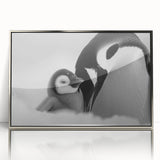 Framed wall art featuring a captivating penguin design, showcasing vibrant colors and intricate details, set in a sleek silver frame, perfect for wildlife enthusiasts.