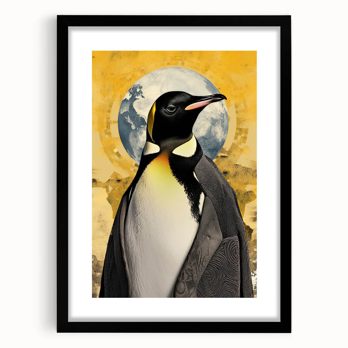 Framed wall art featuring a playful penguin design, presented in a sleek black frame with a matte finish, ideal for animal-themed decor in modern interiors.