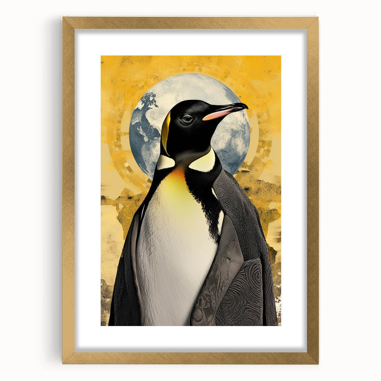 Framed wall art featuring a stylish penguin design, elegantly matted and set in a gold frame, perfect for enhancing modern decor and wildlife-themed interiors.