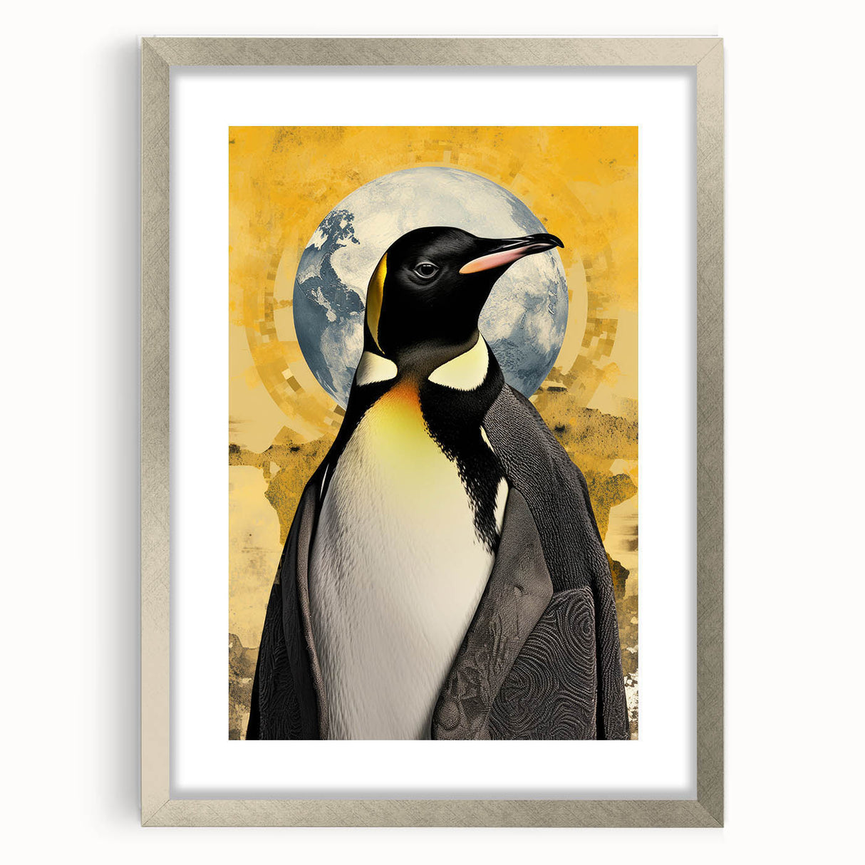 Framed wall art featuring a playful penguin design, showcasing vibrant colors and a sleek silver frame, ideal for adding a whimsical touch to any home decor.