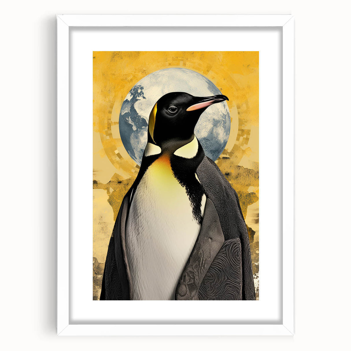Framed wall art showcasing a vibrant penguin design from the "Animals A Wild Life" collection, featuring a white mat and sleek modern frame, perfect for animal lovers.