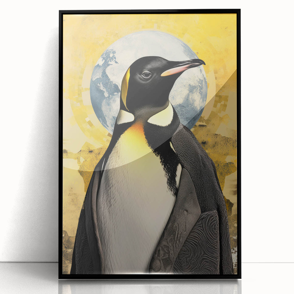 Framed wall art showcasing a modern penguin design, featuring a black frame and acrylic front, perfect for adding a whimsical touch to home decor.