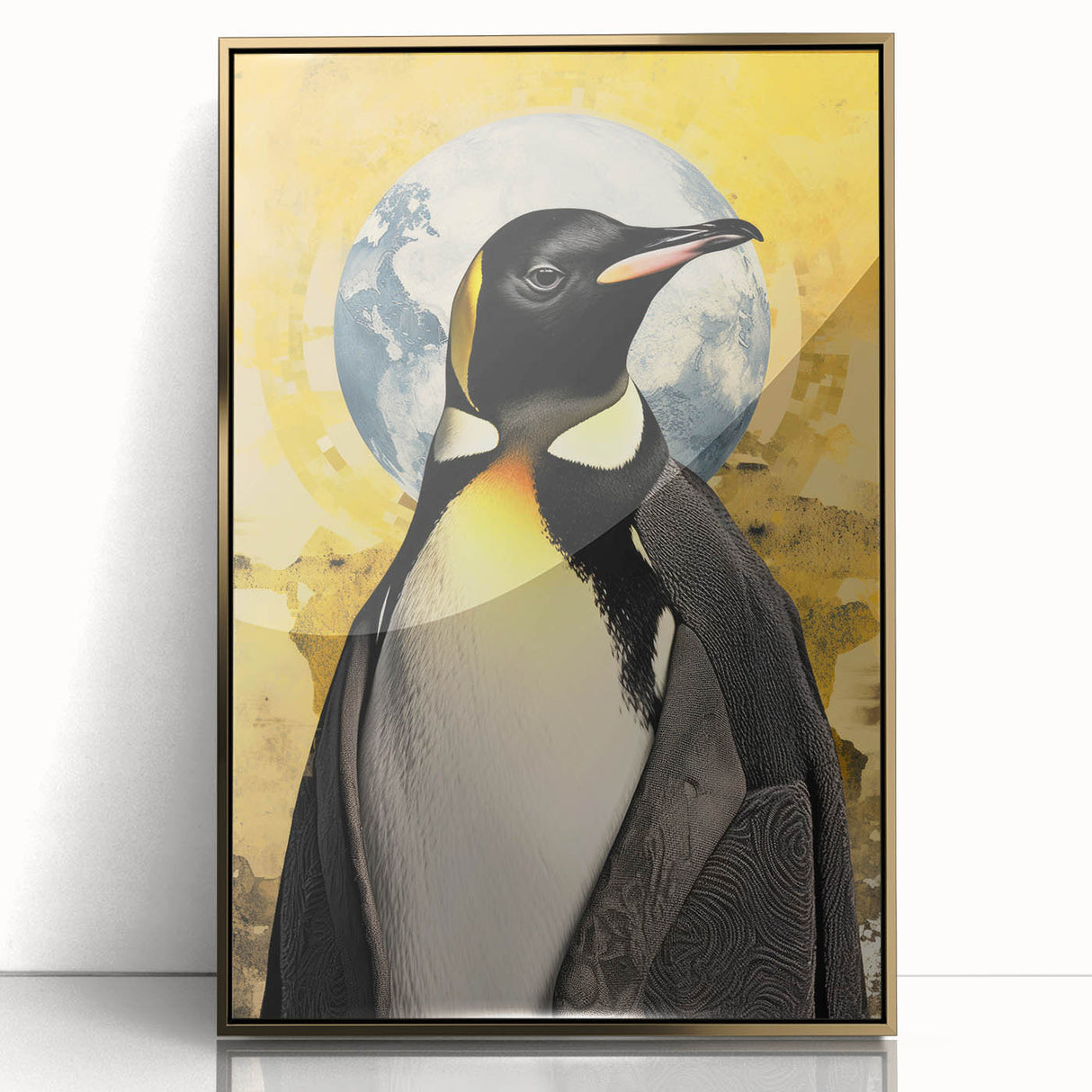 Framed acrylic wall art featuring a stylish penguin design with a gold frame, perfect for modern decor. Ideal for animal lovers and art enthusiasts.