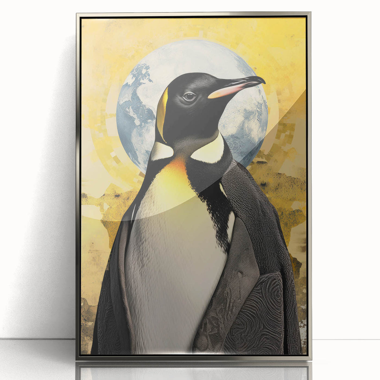 Framed wall art featuring a whimsical penguin design, set within a sleek silver frame, showcasing vibrant colors and playful details, ideal for animal lovers.